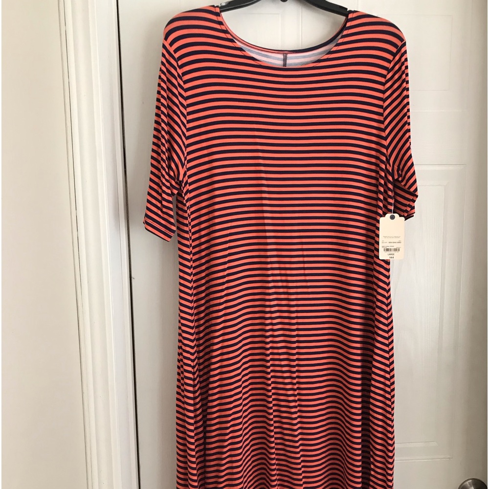 New with tags - blue and orange striped dress size large, cute and comfortable.